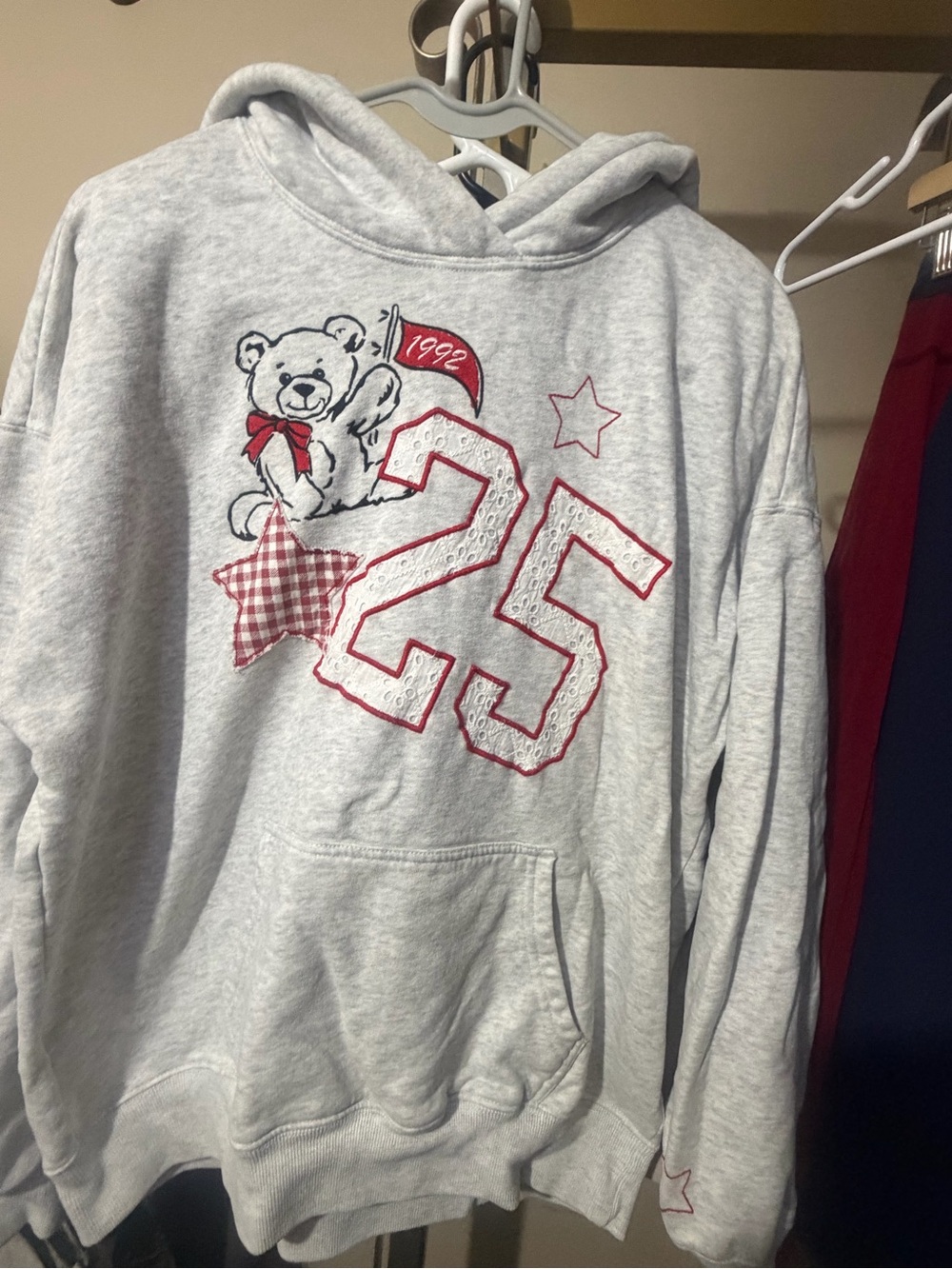 Hollister Light Gray Hoodie with Teddy Bear & Red Accents
